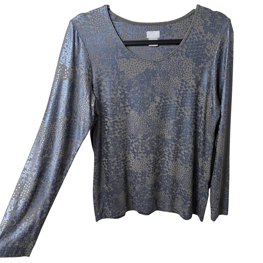 Chico's Metallic Blue Grey Animal Print Long Sleeve Scoop Neck Top Size 1 Medium